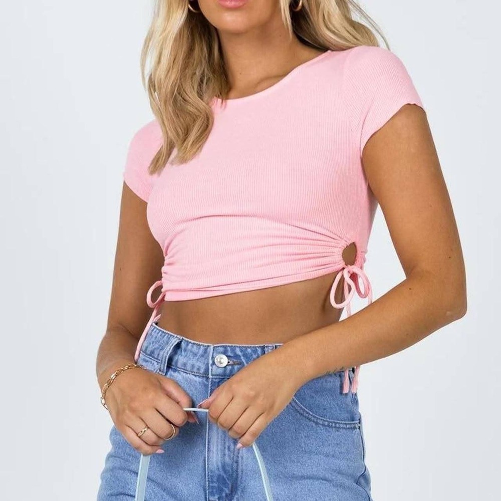 Princess Polly Addison Top Women Size 8 Pink NWT Ribbed Cinched Side Tee
